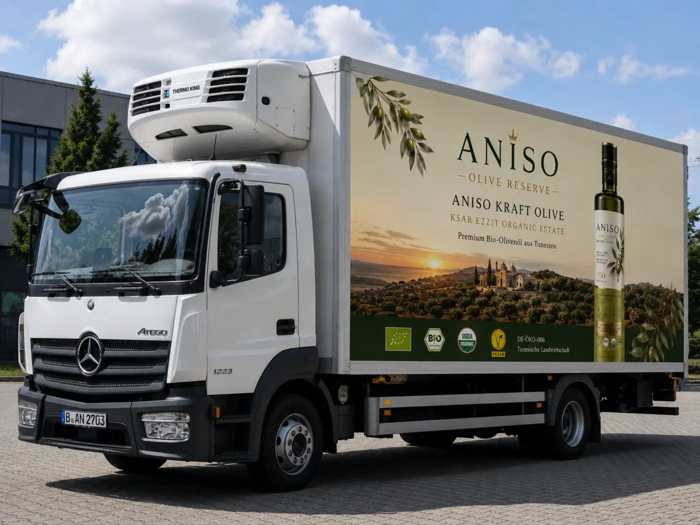 ANISO Qualitätslogistik-LKW am Ksar Ezzit Organic Estate