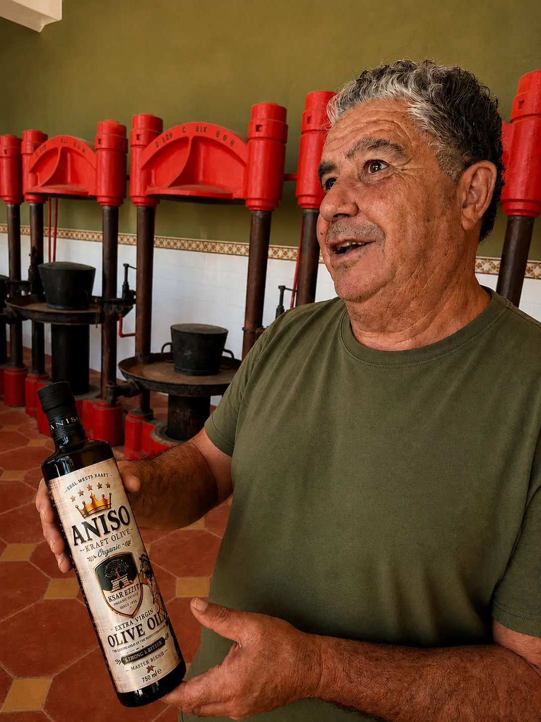 Lassad mit ANISO Kraft Olive im historischen Pressenhaus von Ksar Ezzit